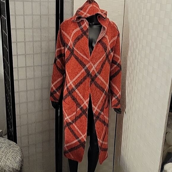 BRAND NEW JOSEPH A HOODED LONG CARDIGAN SWEATER COAT IN PLAID RED - Picture 3 of 12